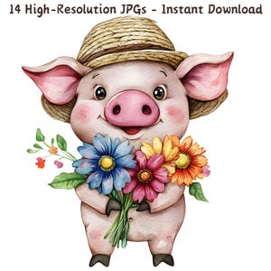 Clipart de acuarela de un lindo cerdo de dibujos animados, arte floral de cerdo, 14 archivos JPG, imprimible de animales de granja, cerdo de verano con flores, creación de tarjetas