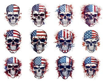 American Flag Skull Clipart, 12 PNGs, 4th Of July Clipart, Skull Clipart, USA Flag, Patriotic Clipart, Digital Download, Commercial Use