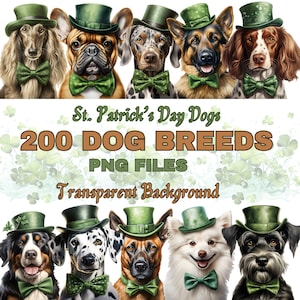 200 Dog Breeds St. Patrick’s Day Clipart, PNG Dogs with Leprechaun Hats & Bows, Irish Puppy Digital Download, Commercial Use