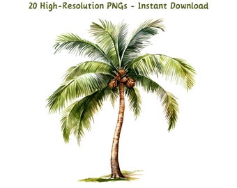 Watercolor Palm Tree Clipart: 20 Tropical PNG Art (Digital Download)