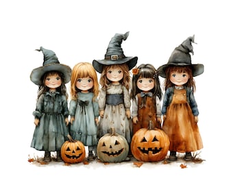 May include: Watercolor illustration of five girls dressed in Halloween costumes. Each girl wears a witch hat and dress, with two holding carved pumpkins. The color palette includes shades of blue, orange, brown, and white, creating a whimsical and festive scene.