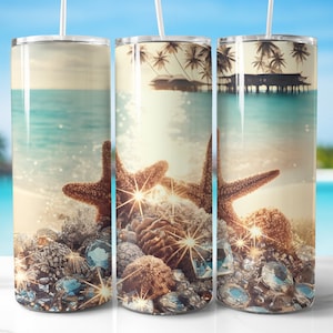 Beach Tumbler Wrap, Beach With Sparkling Jewels, 20 oz Skinny Tumbler, Summer Tumbler, Sublimation PNG, Seamless Design, Digital Download