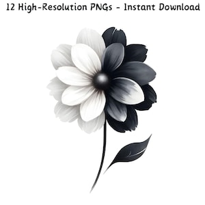 Aquarell elegante Blume Clipart, halb weiß, halb schwarz minimalistisches Blumenmuster, ästhetische digitale Kunst, 12 PNG, kommerzielle Nutzung