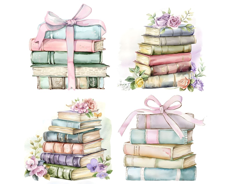 Shabby Chic Stack Of Books Clipart, 18 JPG de alta qualidade, livros em ...