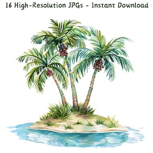 Watercolor Tropical Island Clipart, 16 JPG Palm Tree Summer Digital Art for Scrapbooking, Sublimation, DIY Crafts, Junk Journal, Commercial