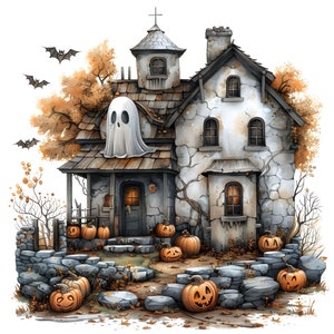 Casa abandonada con imágenes prediseñadas de fantasmas y calabazas, 16 JPG de alta calidad, imágenes prediseñadas de Halloween, artesanía de papel digital, fabricación de tarjetas, uso comercial