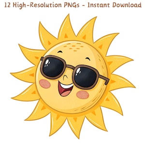 Cheerful Retro Smiling Sun with Sunglasses Clipart, Cute Happy Sun Cartoon Illustration, 12 PNG Files, Scrapbooking, Sublimation, DIY Crafts