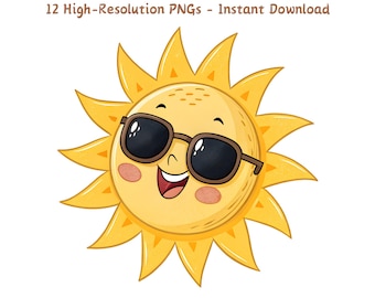 Clipart de sol sonriente retro: gafas de sol de dibujos animados, 12 archivos PNG (descarga digital)