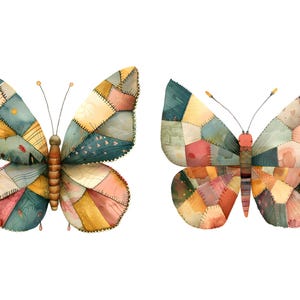 May include: Two colorful butterflies with patchwork wings. The butterflies are made of different colored fabrics and have a vintage, handmade look.
