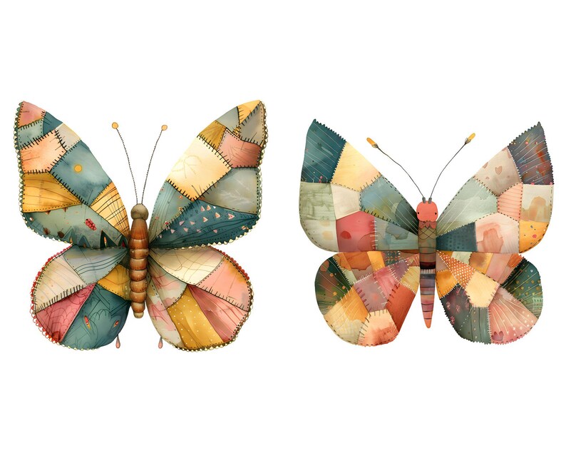 May include: Two colorful butterflies with patchwork wings. The butterflies are made of different colored fabrics and have a vintage, handmade look.