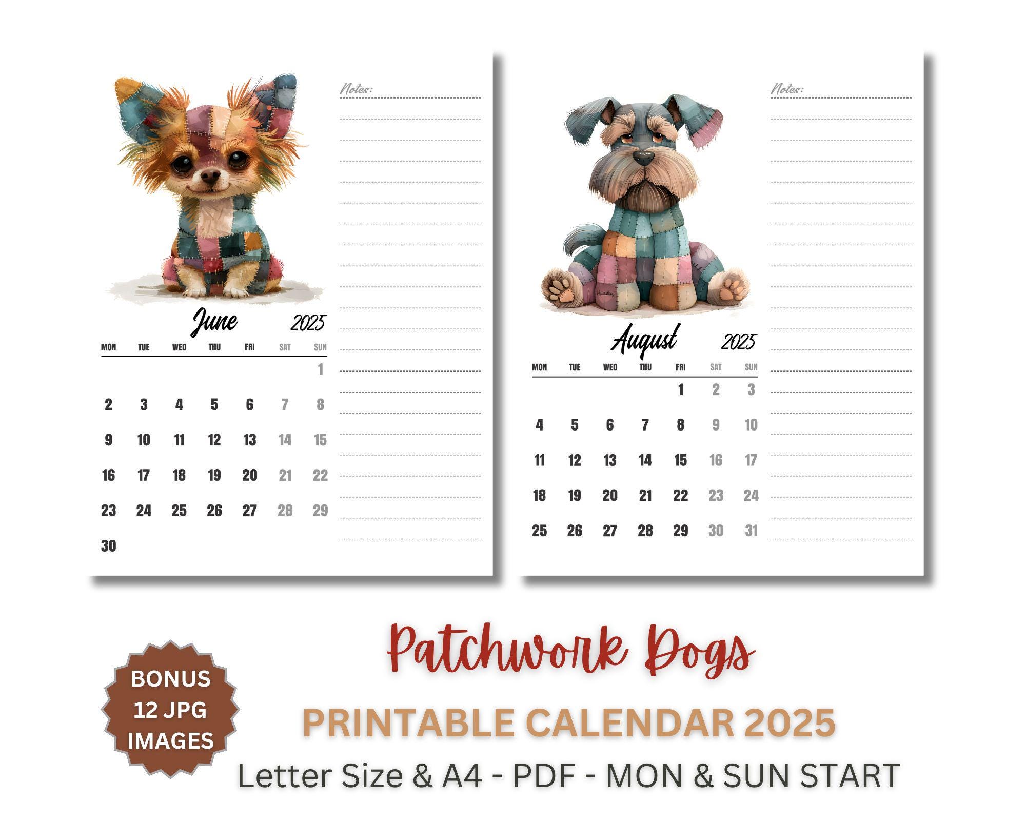 2025 Monthly Planner Printable with Patchwork Dogs, A4 & US Letter, Monday And Sunday Start, PDF And JPG Calendar, Digital Download