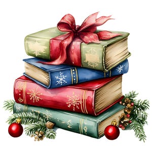 Stack Of Christmas Books Clipart, 12 PNG, Printable Watercolor Books, Card Making, Scrapbook, Paper Crafts, Digital Download, Commercial Use