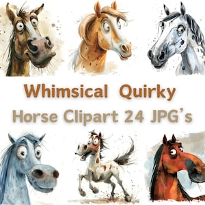 Imágenes prediseñadas de caballo divertido, 24 JPG de alta calidad, caprichoso peculiar, caballo de acuarela, artesanía de papel digital, fabricación de tarjetas, scrapbooking, uso comercial