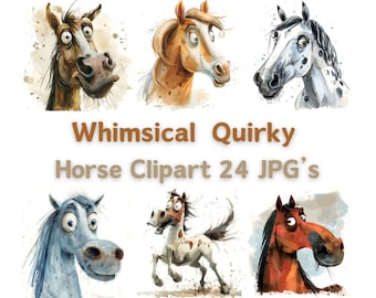Funny Horse Clipart, 24 High Quality JPG, Whimsical Quirky, Watercolor Horse, Digital Paper Craft, Card Making, Scrapbooking, Commercial Use