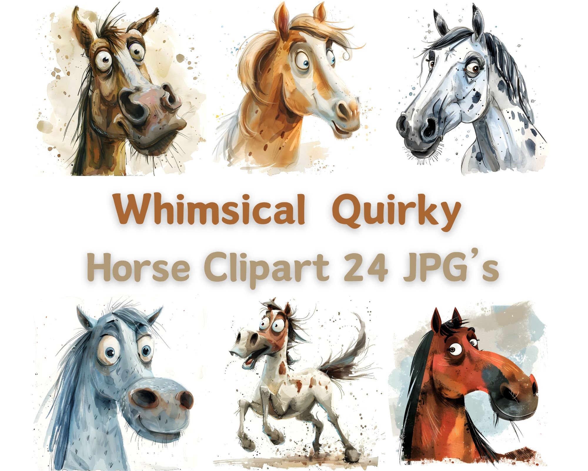 面白い水彩画の馬のクリップアート：気まぐれなJPG画像（デジタル