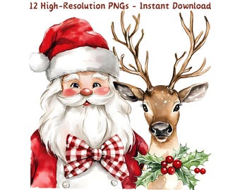 May include: Watercolor illustration of Santa Claus and a deer. Santa is wearing a red hat and coat with a white beard and a red and white checkered bow tie. The deer has brown fur and antlers, with holly and red berries at the bottom. Text reads "12 High-Resolution PNGs - Instant Download."