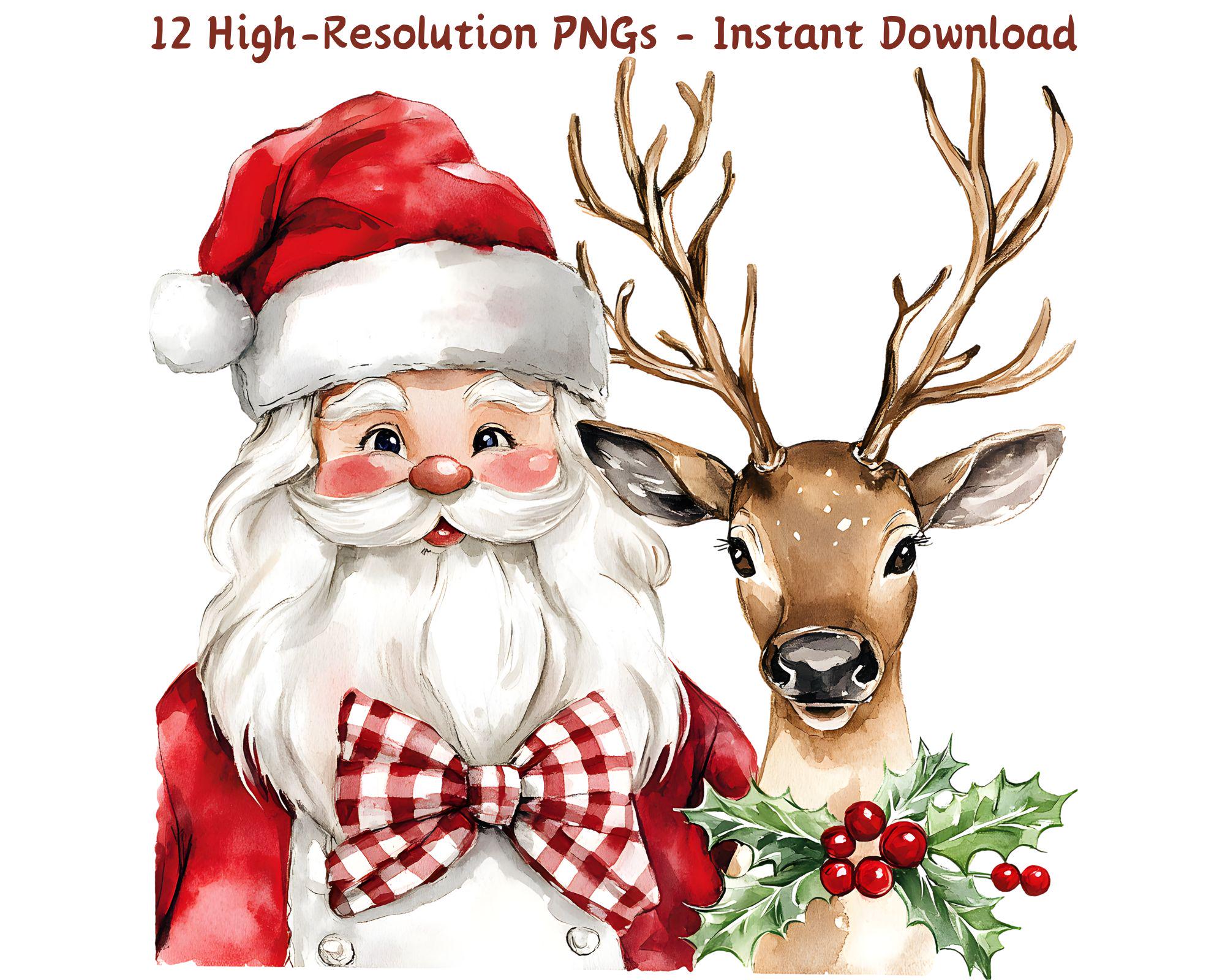 Watercolor Santa & Reindeer Clipart – 12 PNG Christmas Holiday Art ...