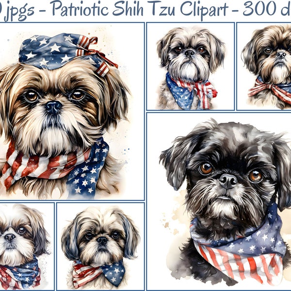 Patriotic Watercolor Shih Tzu Clipart, 10 High Quality JPGs, 4th Of July Clipart, Paper Crafting, Scrapbook Images, Commercial Use