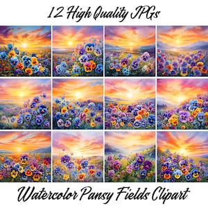 Clipart champ de pensées, 12 fichiers JPG, fleurs de pensées, pensées aquarelles, impression de pensées, art mural, scrapbooking, créations numériques sur papier, usage commercial