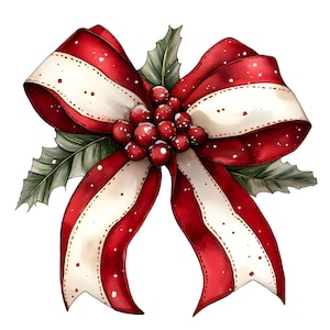 Può includere: Illustrazione ad acquerello di un fiocco festivo rosso e bianco con foglie di agrifoglio e bacche rosse. Il fiocco ha un design a righe ed è decorato con piccoli puntini bianchi, perfetto per le decorazioni natalizie.