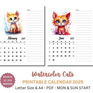 2025 Monthly Planner Printable with Watercolor Cats, A4 & US Letter, Monday and Sunday Start, PDF Calendar, Digital Download
