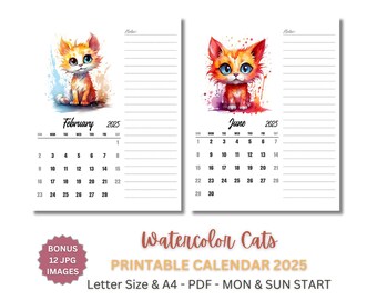 2025 Monthly Planner Printable with Watercolor Cats, A4 & US Letter, Monday and Sunday Start, PDF Calendar, Digital Download