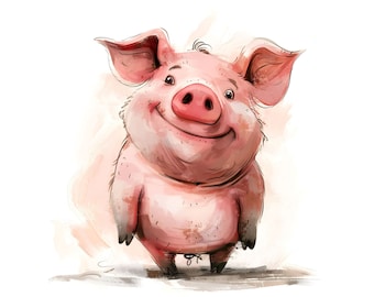 Funny Watercolor Pig Clipart: Whimsical JPG Images (Digital Download)