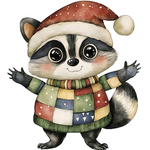 Clipart Noël raton laveur, 14 JPG, aquarelle raton laveur, patchwork, créations en papier, fabrication de cartes, scrapbooking, téléchargement numérique, usage commercial