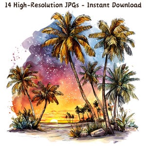 Watercolor Beach Sunset Clipart: Palm Trees, Tropical Art (14 JPG Files) (Digital Download)
