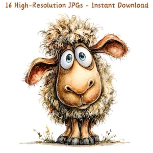 Clipart aquarelle drôle de mouton, art animalier de ferme fantaisiste mignon, 16 fichiers JPG, fabrication de cartes, journal indésirable, téléchargement numérique instantané