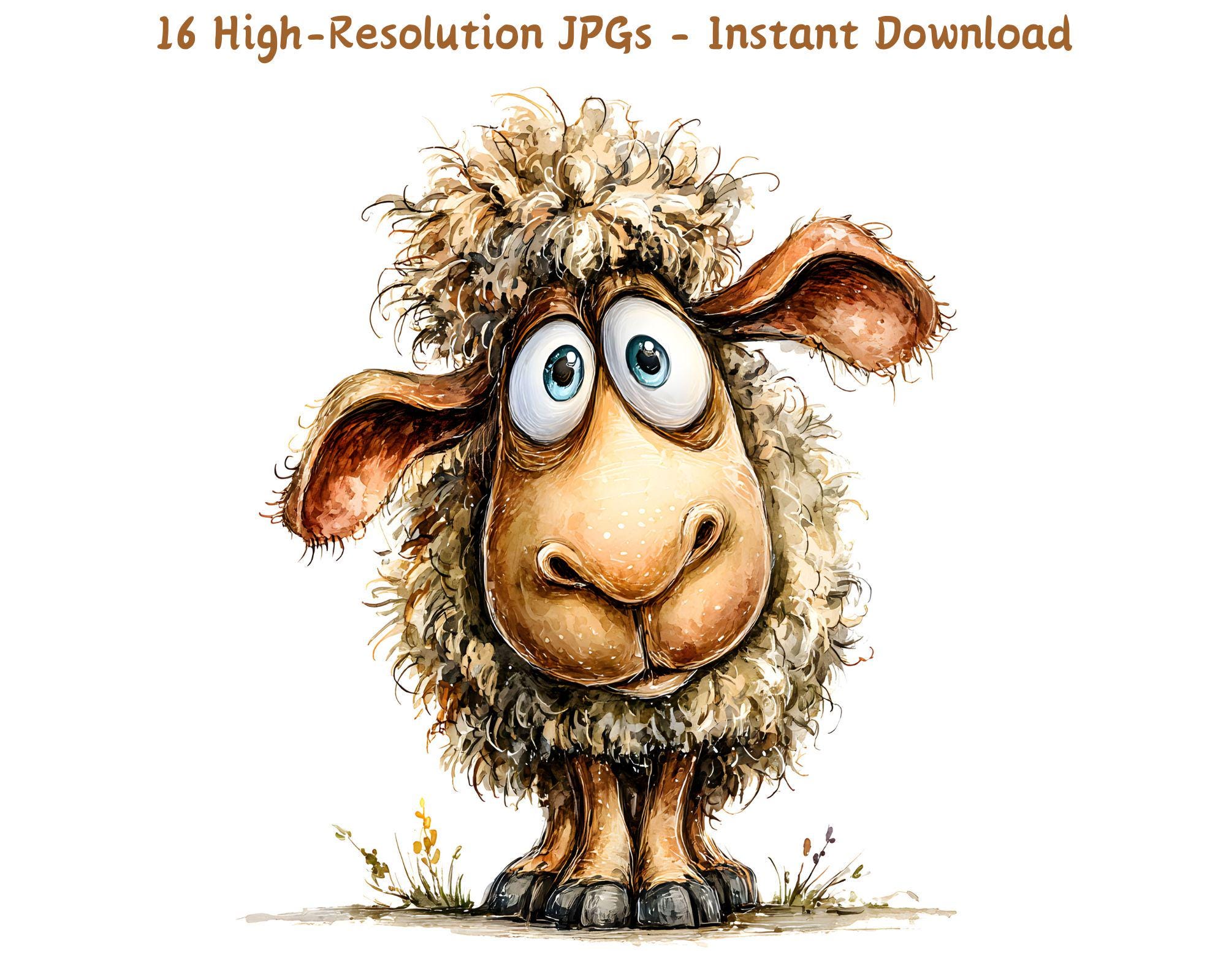 Funny Sheep Watercolor Clipart, Cute Whimsical Quirky Farm Animal Art, 16 JPG Files, Card Making, Junk Journal, Instant Digital Download