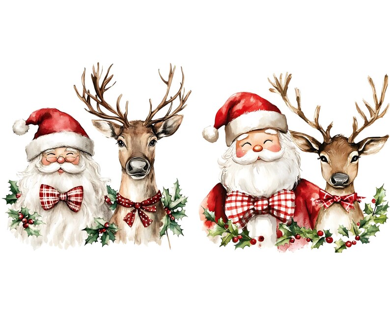Watercolor Santa & Reindeer Clipart – 12 PNG Christmas Holiday Art ...