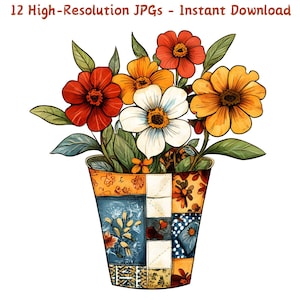 Könnte beinhalten: Ein Strauß roter, gelber und weißer Blumen in einer bunten Patchwork-Keramikvase.