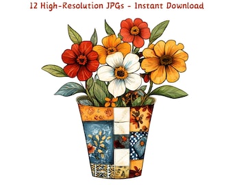 Clipart de acuarela de flores en maceta de patchwork: Colección de arte floral (Descarga digital)