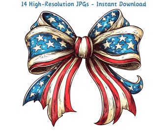American Flag Bow Clipart: Patriotic 4th of July Watercolor (14 JPG Files) (Instant Download)