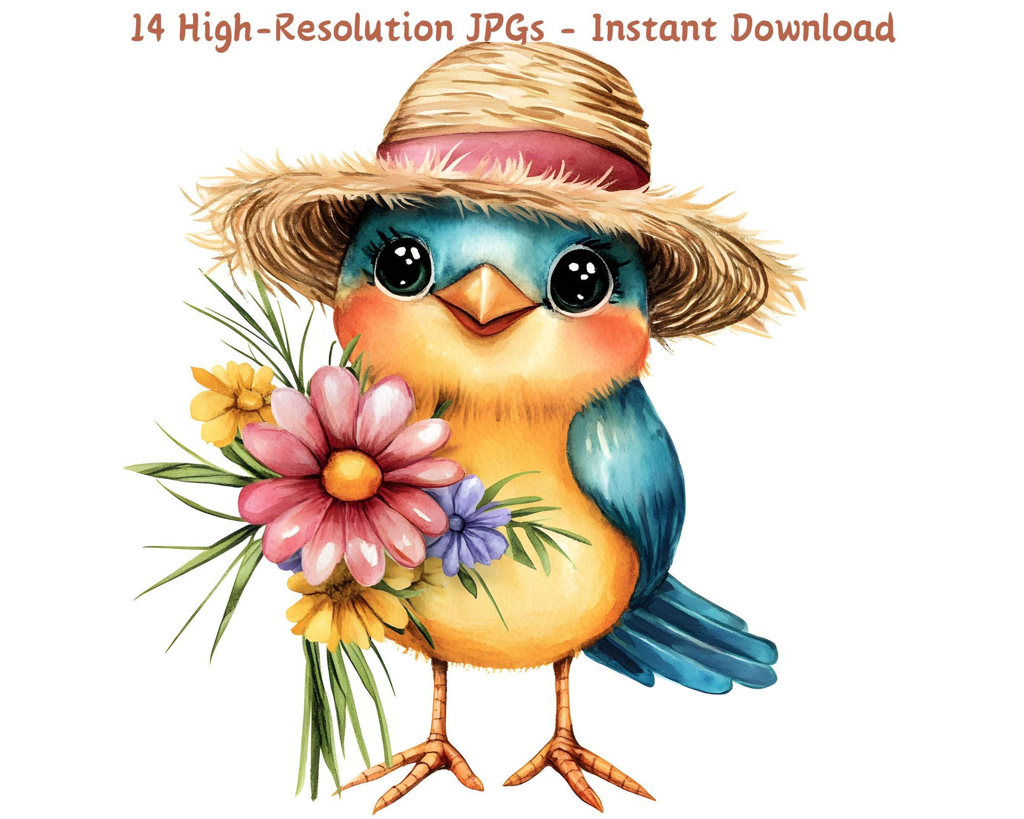 水彩画の鳥のクリップアート、夏の花のイラスト（デジタルダウンロード