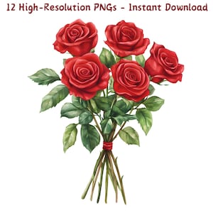 Watercolor Valentine Roses Clipart, 12 PNG Files of Red Bouquet for Sublimation, Romantic Flowers, Digital Download, Commercial Use