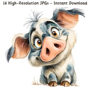 Clipart de acuarela de cerdo divertido, adorable y peculiar animal de granja, 16 archivos JPG, creación de tarjetas, diario basura, descarga digital instantánea