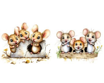 水彩画のネズミのクリップアート：壁の穴に潜む面白いネズミ（デジタル