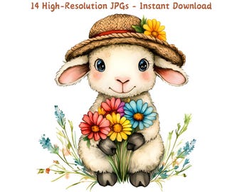 Clipart de ovejas en acuarela, arte floral de animales de granja (16 archivos JPG)