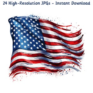 Paquete de imágenes prediseñadas de la bandera estadounidense en acuarela, arte patriótico de la bandera estadounidense para el 4 de julio, manualidades y decoración, 24 archivos JPG, creación de tarjetas, descarga digital