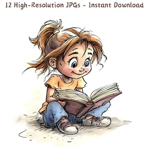 Whimsical Girl Reading a Book Watercolor Clipart, Hand-Drawn Cartoon Style, Book Lover Art, 12 JPG, Scrapbooking, Sublimation & DIY Crafts