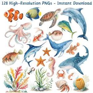 Aquarell niedlich Unterwasser Meerestiere Clipart, Ozean Meeresleben PNG Bundle, entzückende Meeresbewohner digitaler Download, kommerzielle Nutzung