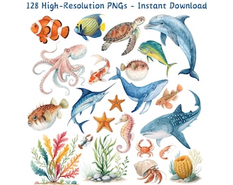 Watercolor Sea Animals Clipart: Ocean PNG Bundle (Digital Download)