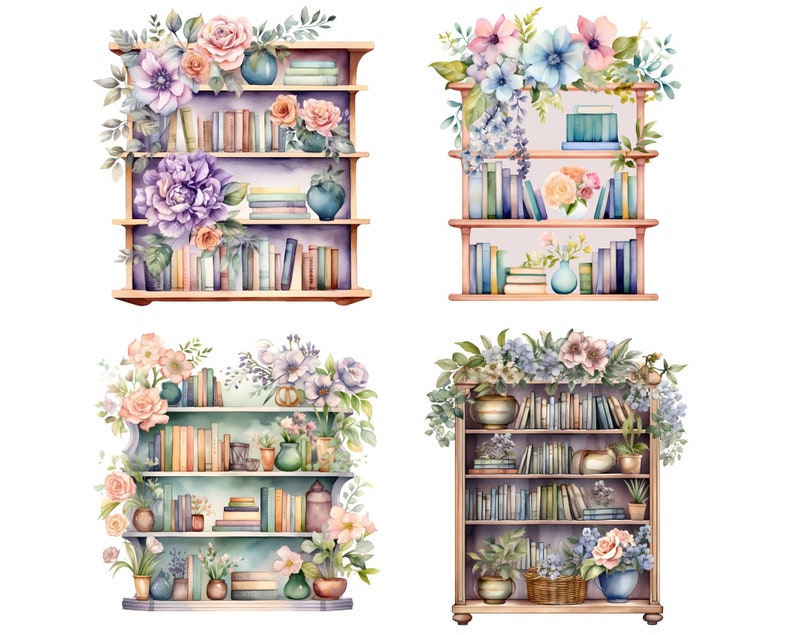 Watercolor Flower Bookcase Clipart: 18 PNG Files (digital Download) - Etsy