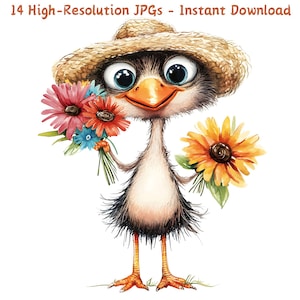 Cute Cartoon Ostrich Holding Flowers Watercolor Clipart, Floral Animal Art, 14 JPG Files, Card Making, Instant Digital Download, Commercial