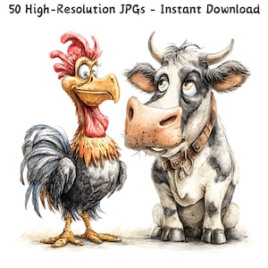 Imágenes prediseñadas de animales de granja de dibujos animados divertidos, ilustraciones de animales de granja en acuarela, 50 archivos JPG, arte de granja adorable, descarga digital