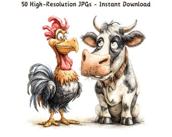Clipart drôle d'animal de ferme : aquarelle de basse-cour (téléchargement numérique)