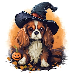 Clipart de Cavalier King Charles Spaniel para Halloween, 12 archivos JPG, acuarela de Halloween, perro de Halloween, manualidad de papel digital, uso comercial