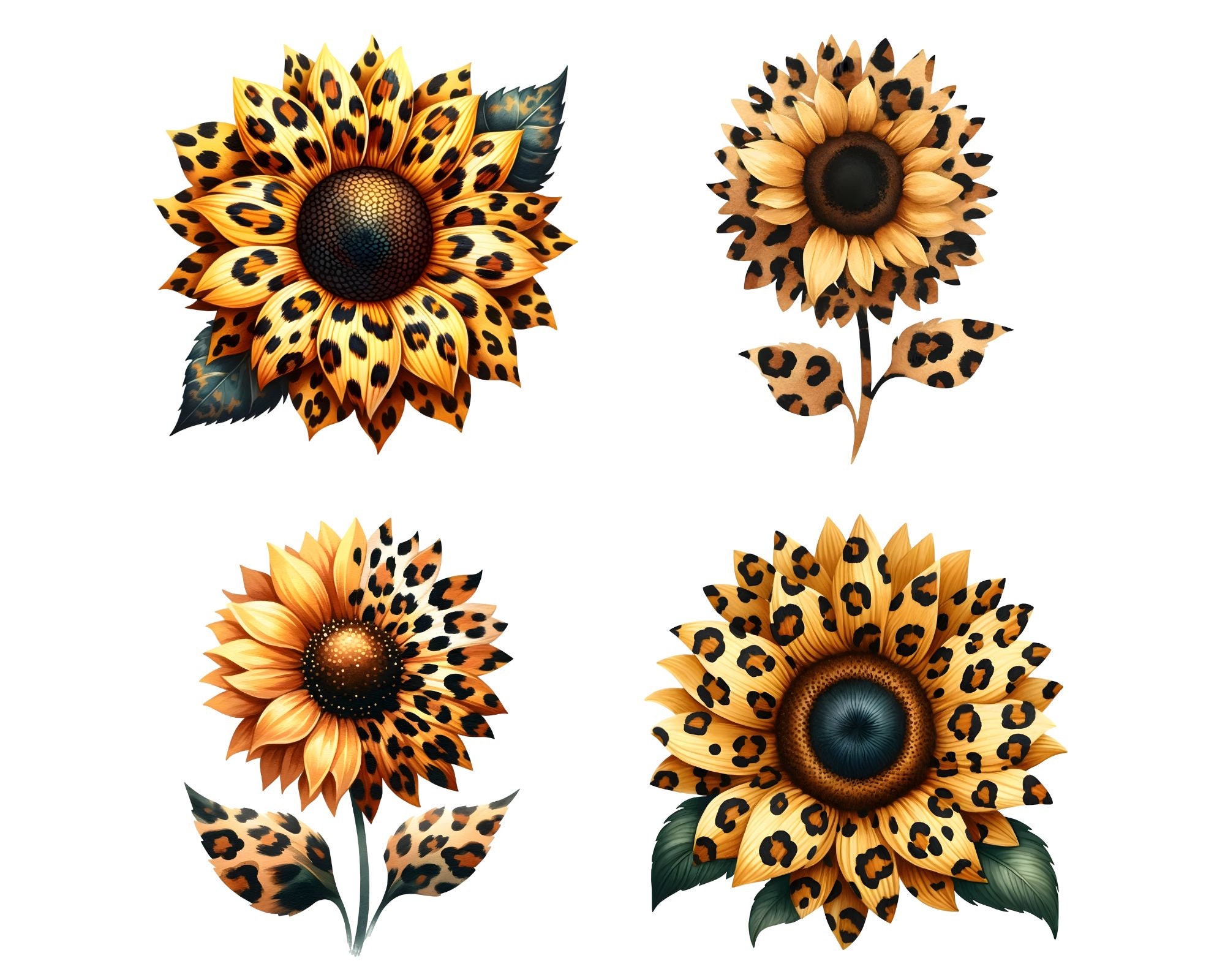 Watercolor Leopard Sunflowers Clipart, 12 PNG, Sublimation Watercolor Leopard Sunflowers Clipart, 12 PNG, Sublimation